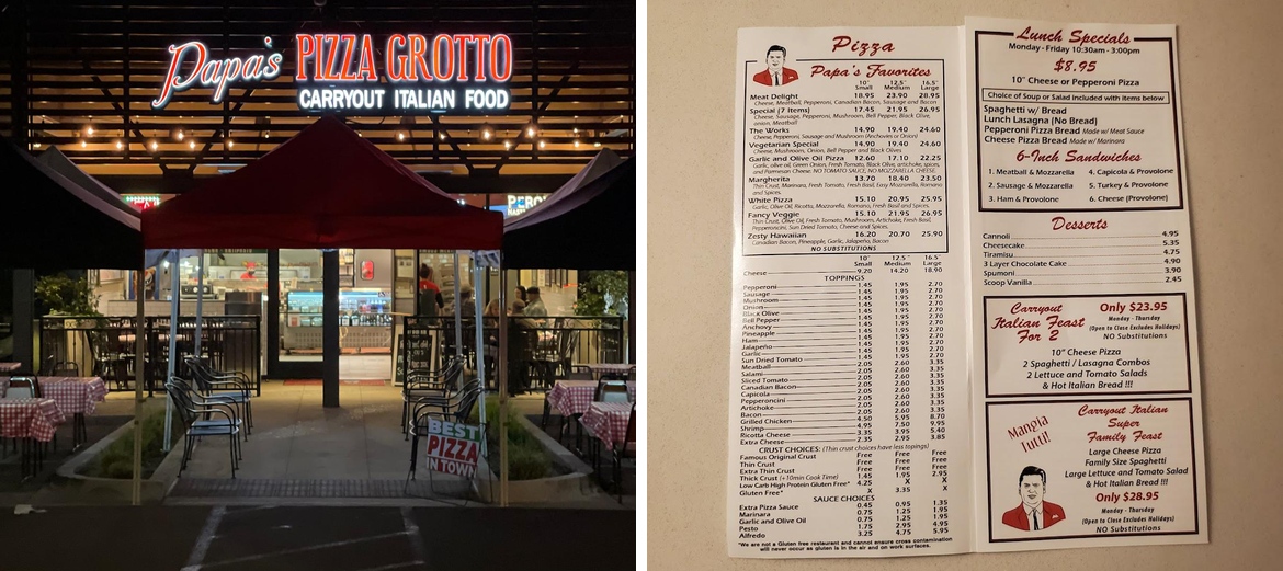 Papa's Pizza Grotto Menu
